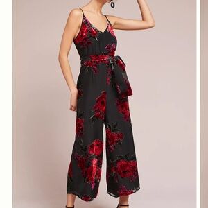 Anthropologie Ett:Twa Black and Red Velvet Floral Burnout Waisted Jumpsuit
